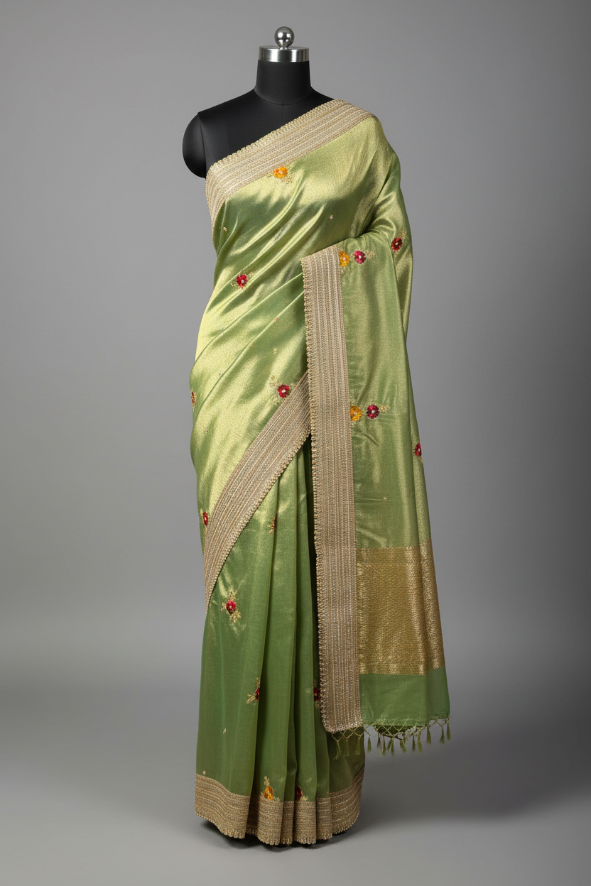 Pretty Green Kora Tissue Silk Handwork Banarasi Saree