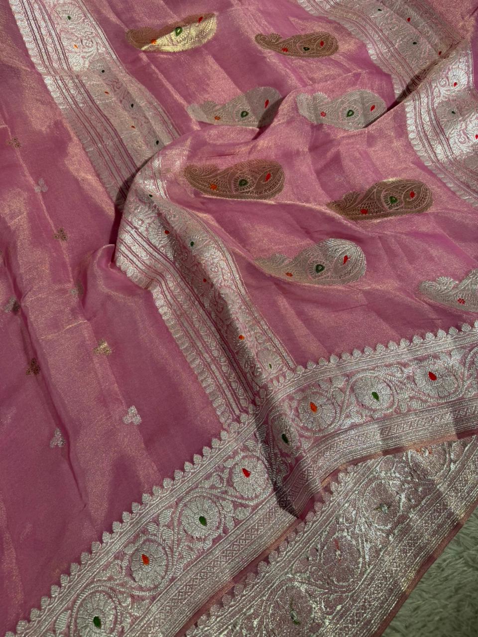 Pretty Metallic Pink Pure Khaddi Tissue Silk Handwoven Banarasi Saree