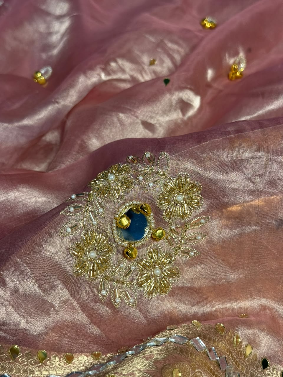 Pretty Pink Pure Tissue Silk Mirror Ghungroo Saree