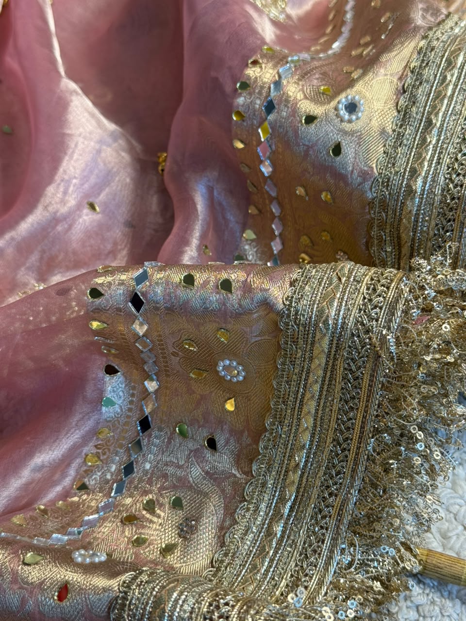 Pretty Pink Pure Tissue Silk Mirror Ghungroo Saree