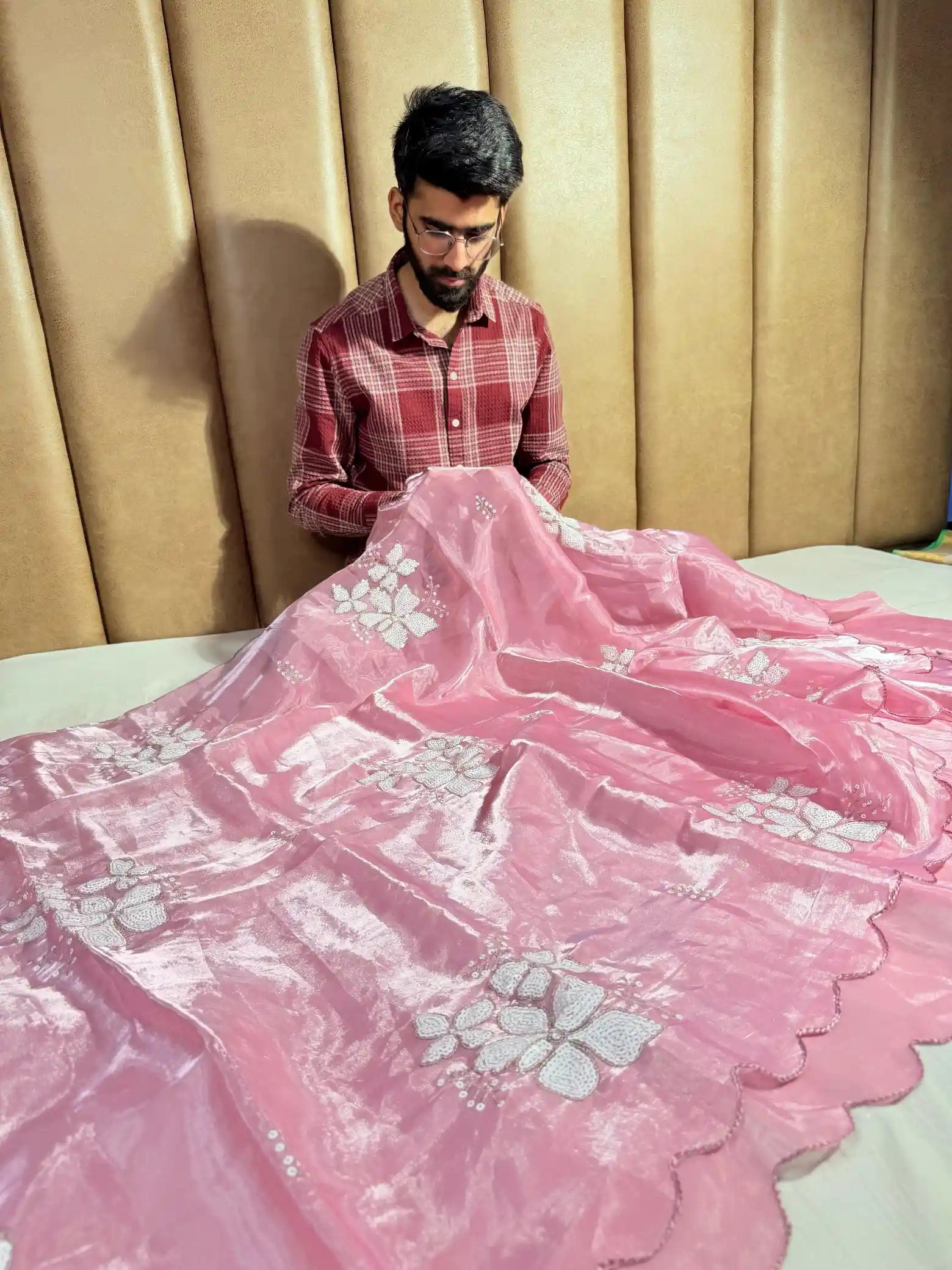 Pretty Pink Shimmery Tissue Silk Threads Sequins Work Designer Saree