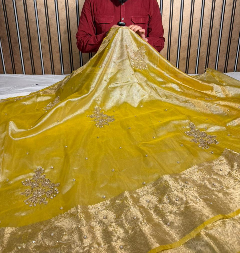 Pretty Yellow Tissue Silk Premium Handwork Banarasi Saree