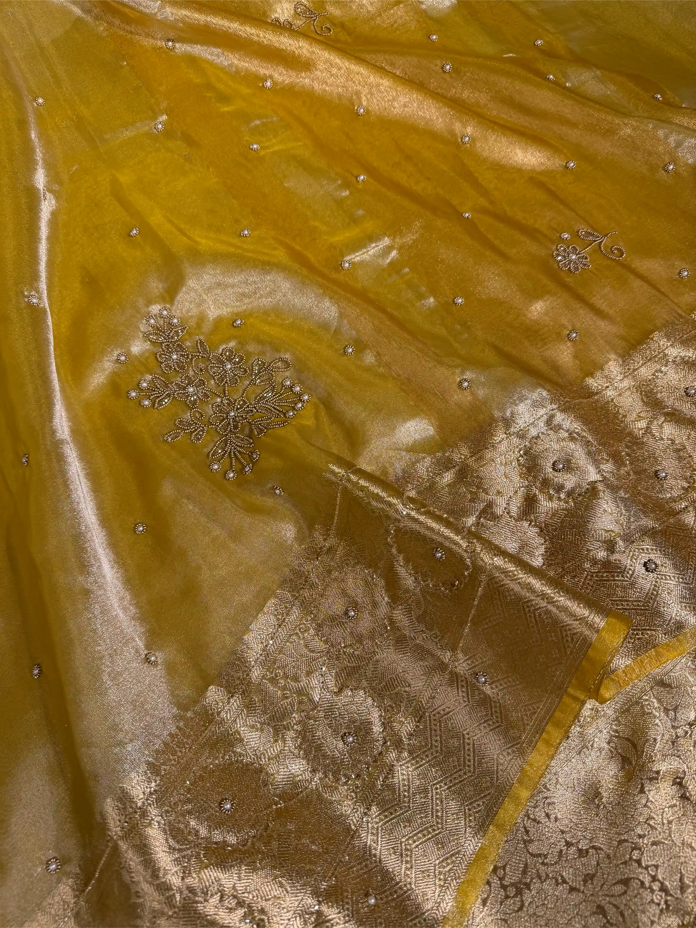 Pretty Yellow Tissue Silk Premium Handwork Banarasi Saree