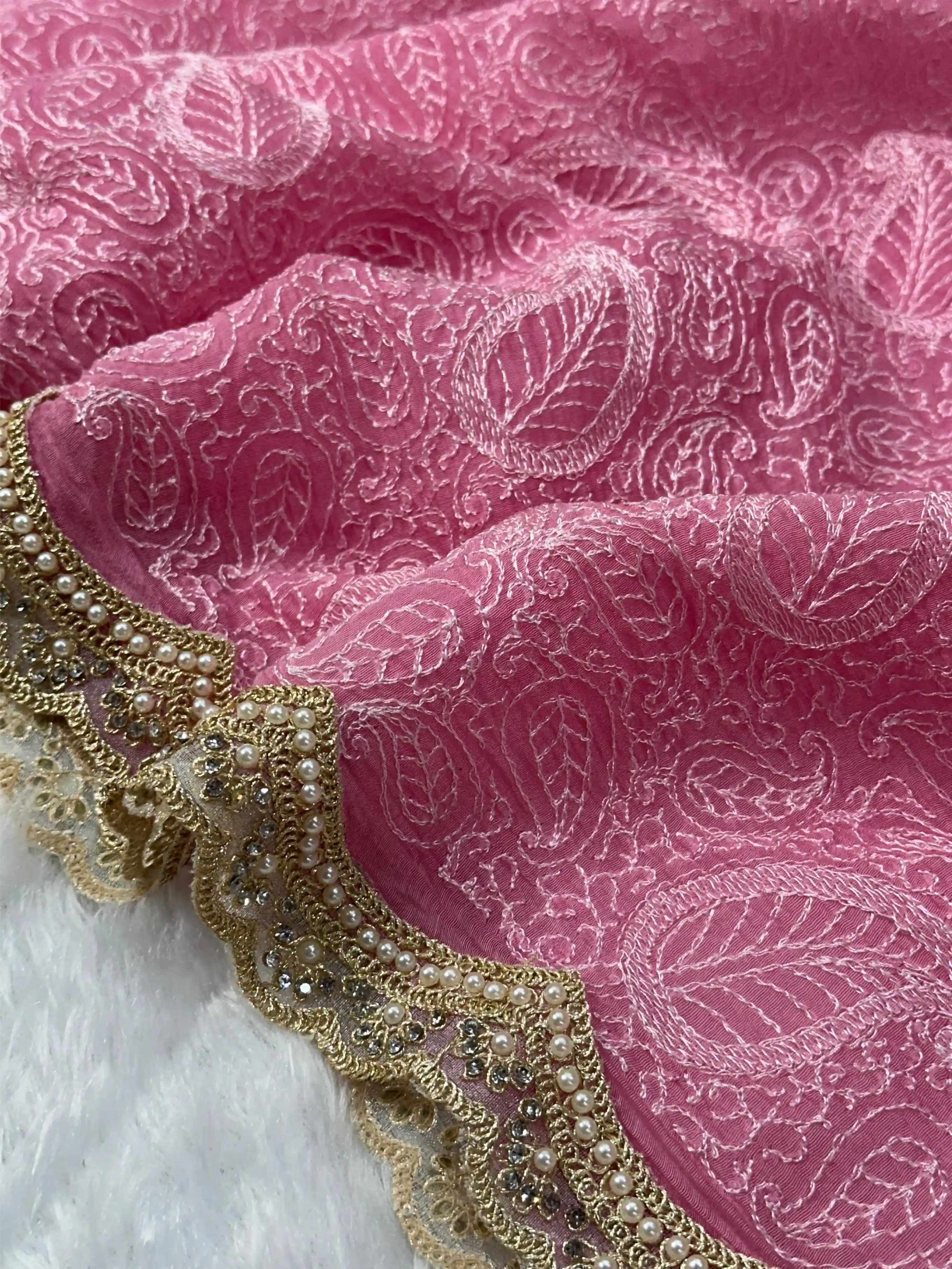 Pretty Pink Pure Mul Chanderi Designer Chikankari Embroidery Banarasi saree