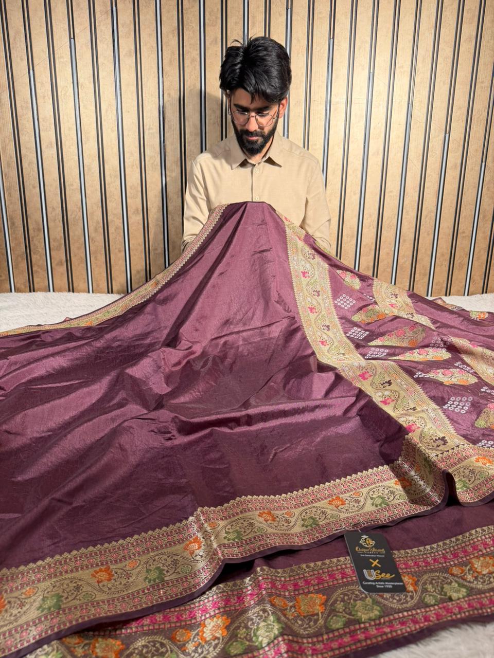 Pretty wine shade warm silk Banarasi saree in Tilfi Meenakari weave