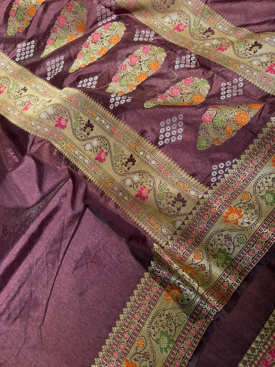 Pretty wine shade warm silk Banarasi saree in Tilfi Meenakari weave