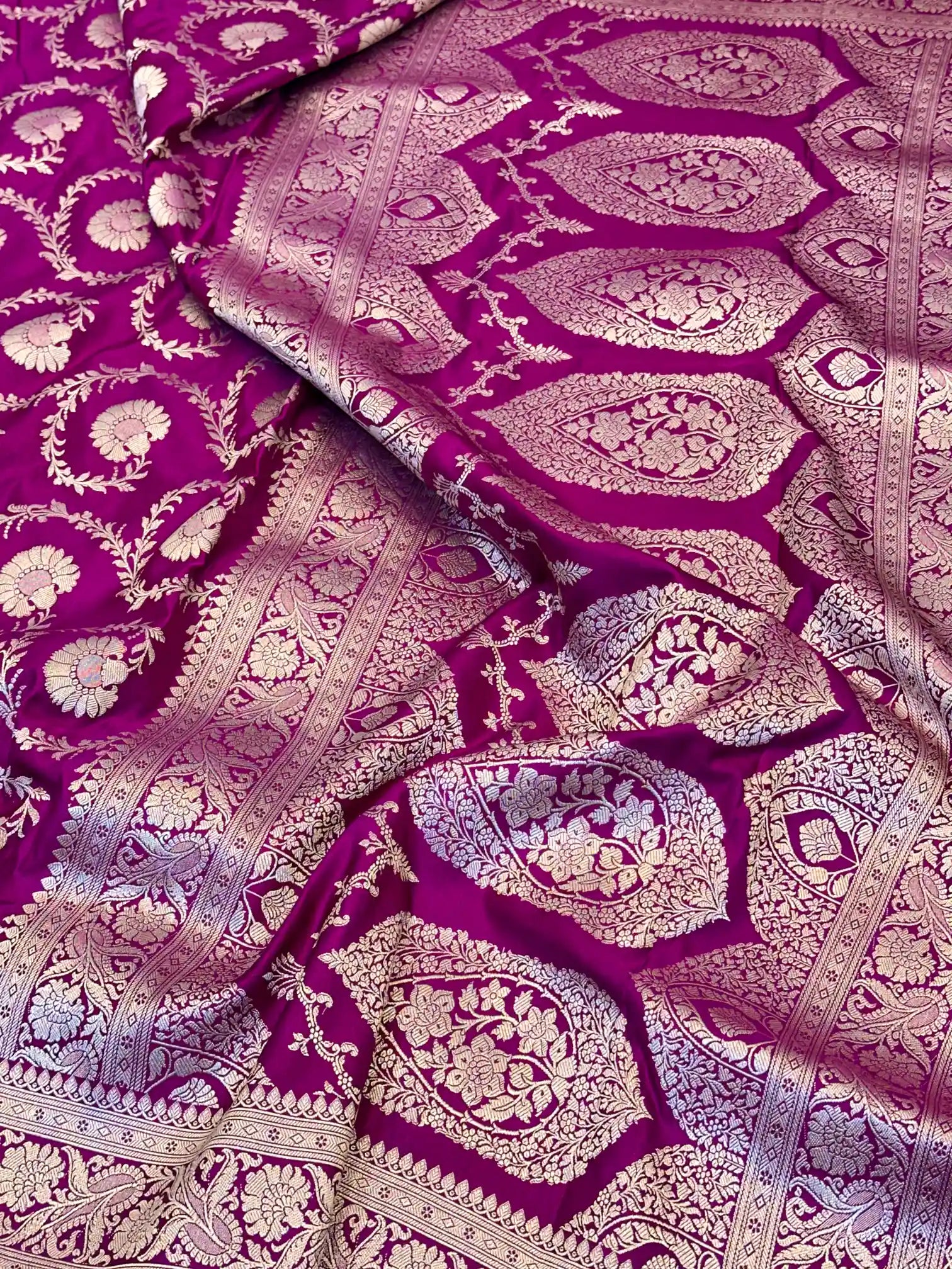 Purple Floral Jaal Weave Mashru Katan Silk Saree