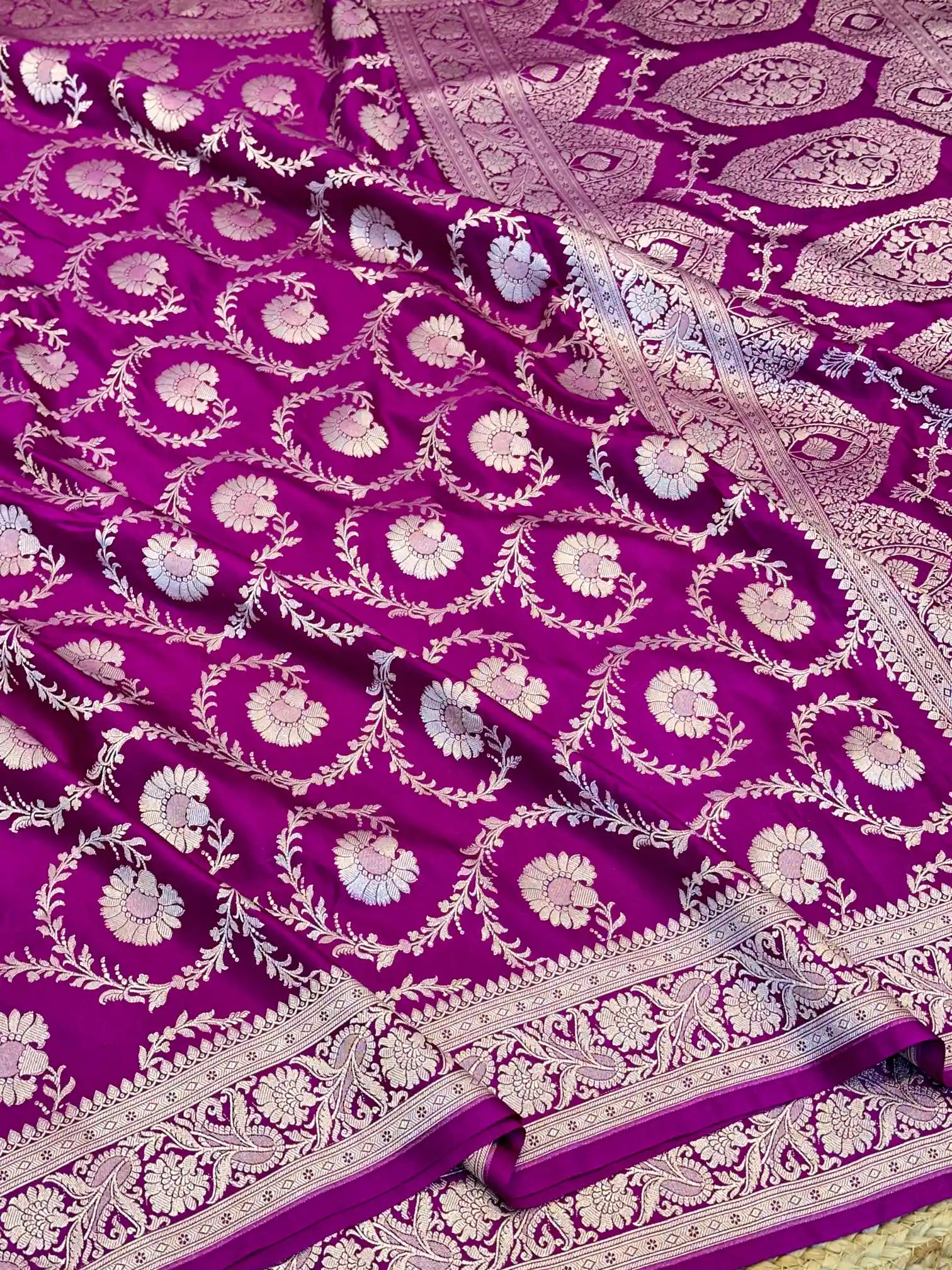 Purple Floral Jaal Weave Mashru Katan Silk Saree