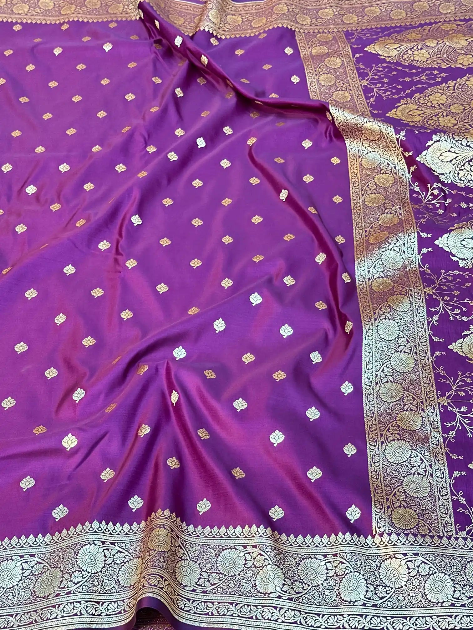 Purple Satin Silk Saree with Buta Dots Design and Classical Pallu