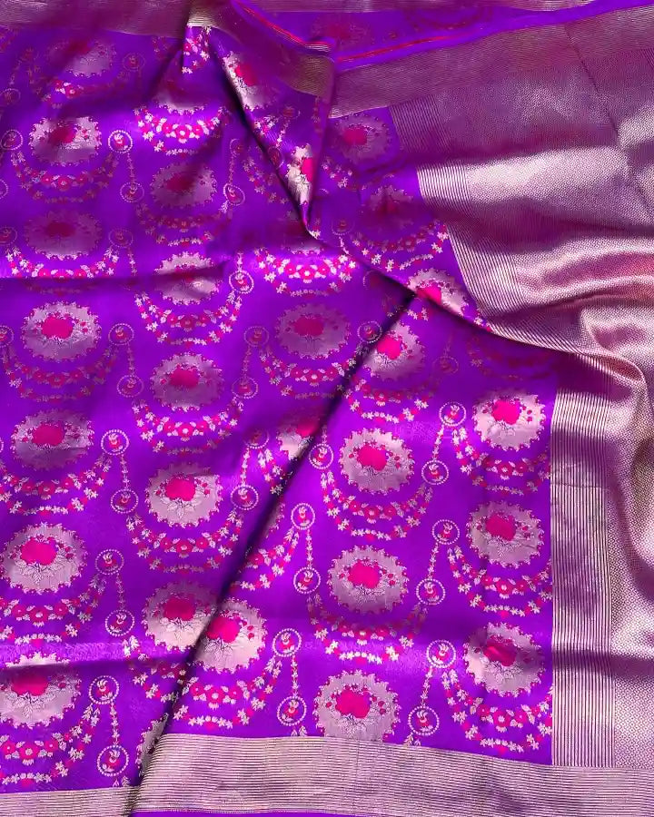 Purple Pure Katan Silk Rose Buta Banarasi Saree