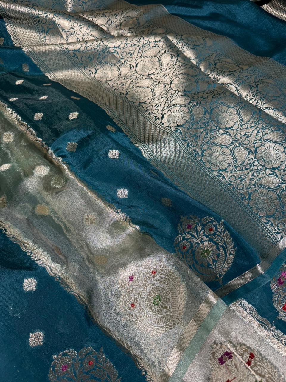 Pursian Blue Chinia Tissue Silk Heritage Weave Banarasi Saree