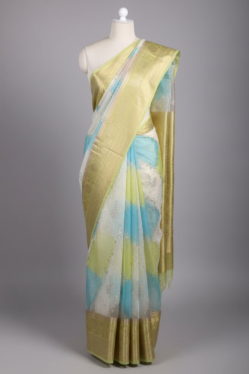 Rangkat Dyed Oragnza Chikankari Embroidered Banarasi Saree