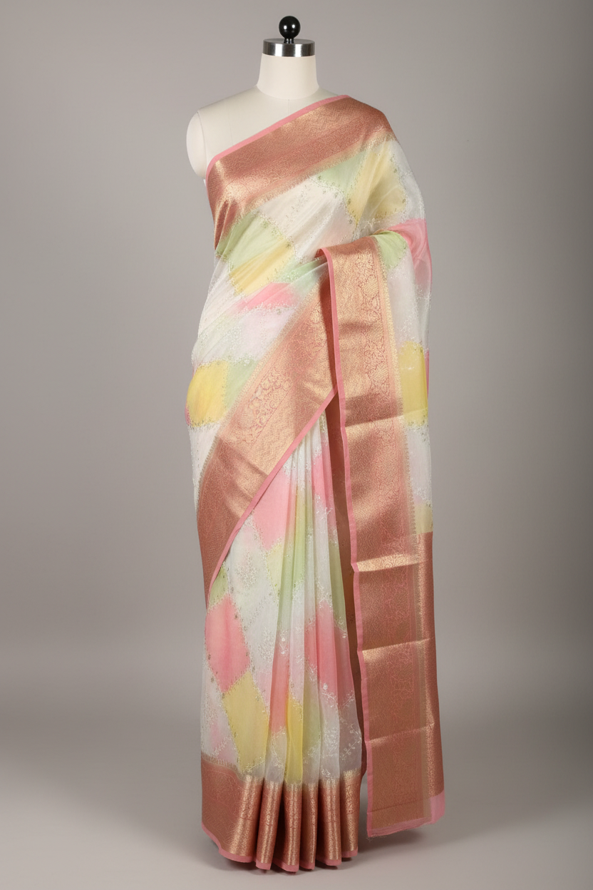 Rangkat Dyed Oragnza Chikankari Embroidered Banarasi Saree