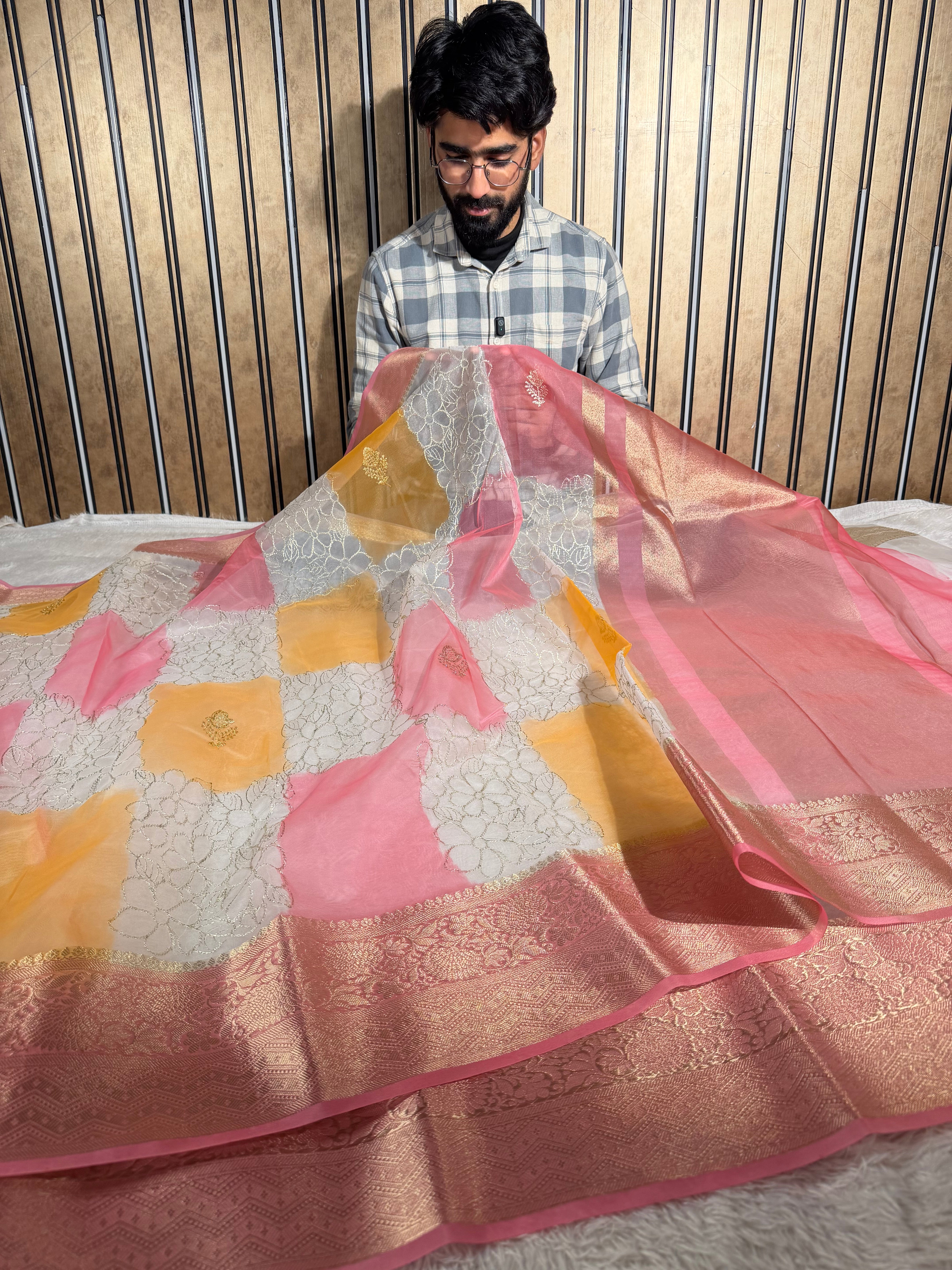 Rangkat Dyed Oragnza Banarasi Chikankari Embroidered Saree