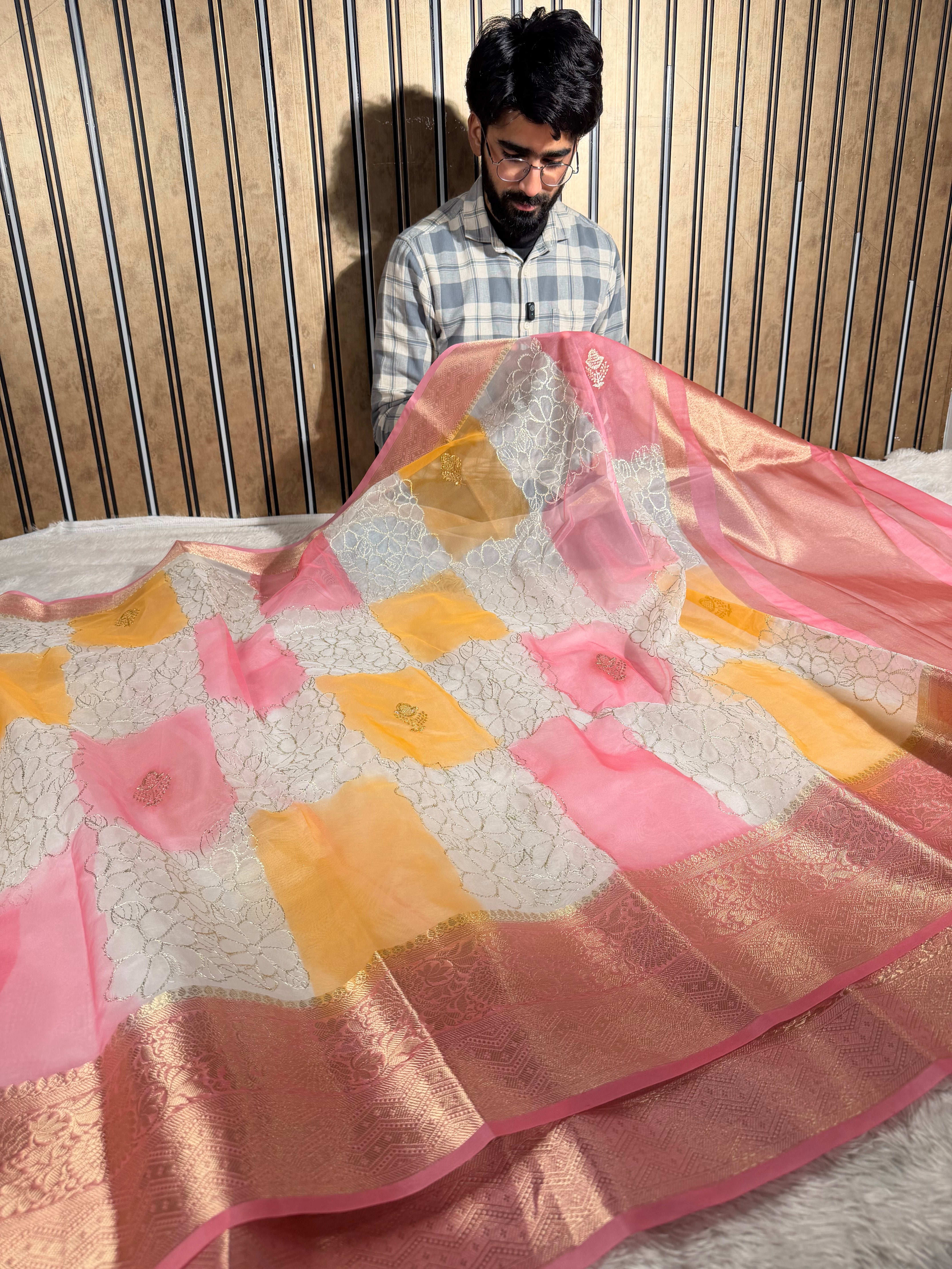Rangkat Dyed Oragnza Banarasi Chikankari Embroidered Saree
