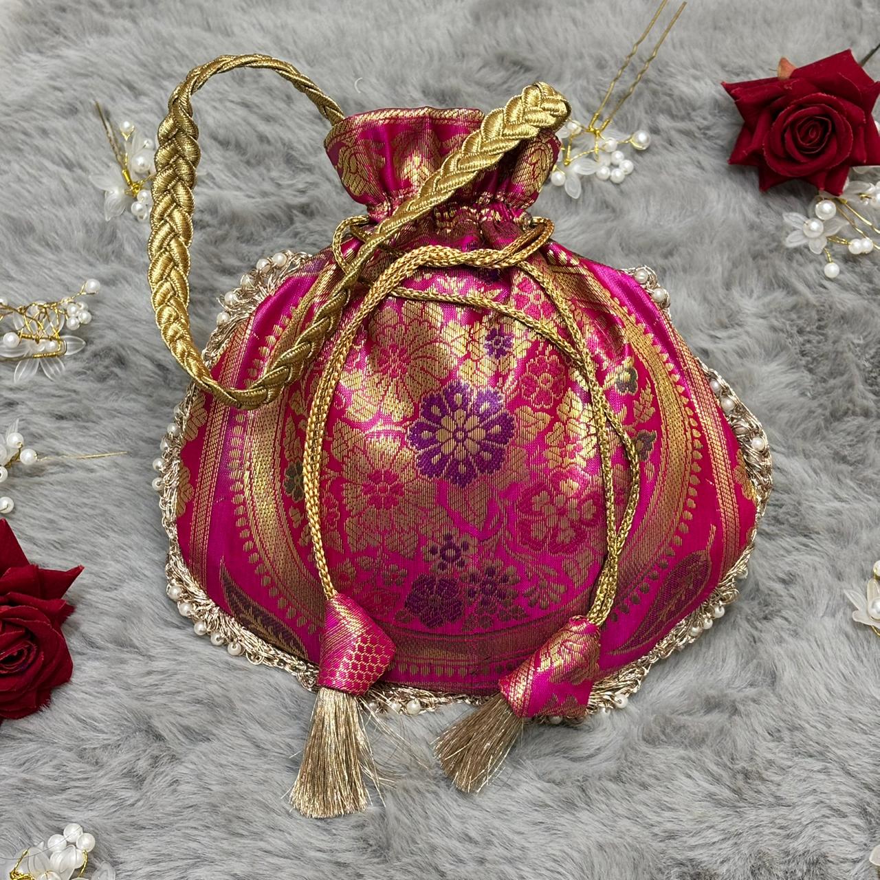 Rani Pink Beautiful Lace Work Banarasi Potli Bags