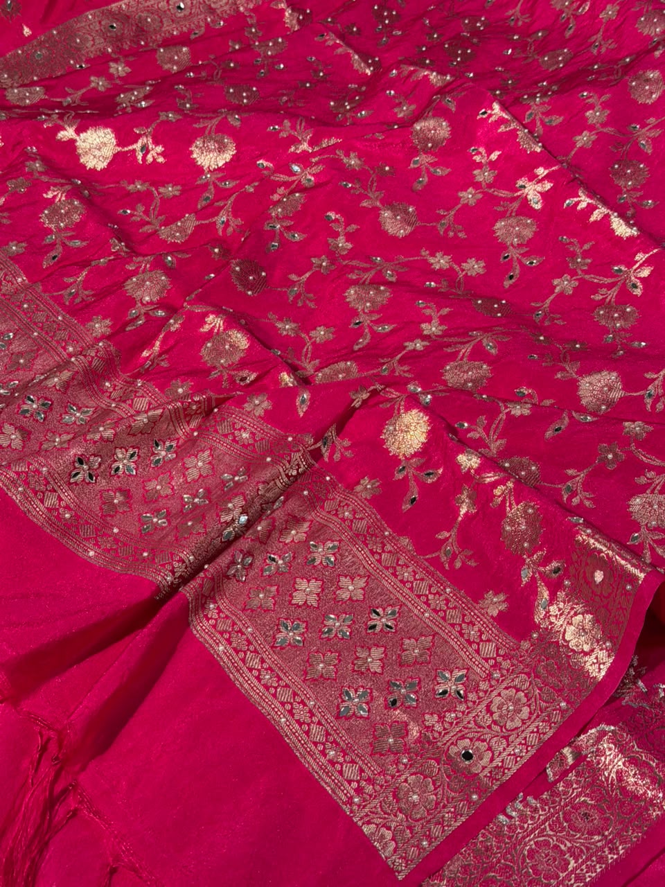 Rani Pink Chinia Silk Banarasi Mirror Work Suit