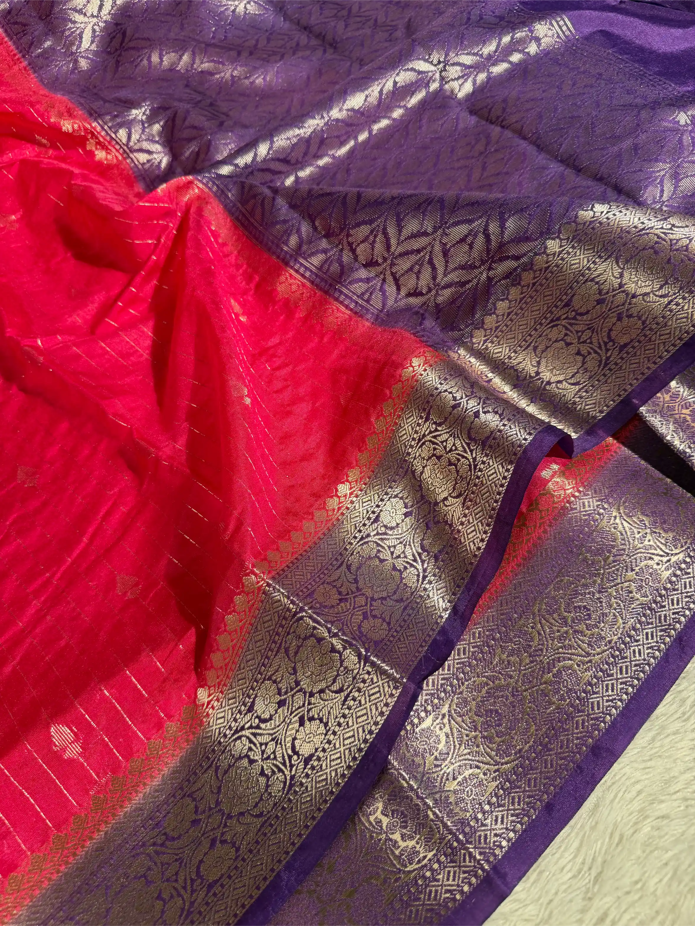 Rani Pink Chinia Silk with Contrast Purple Border Banarasi Saree