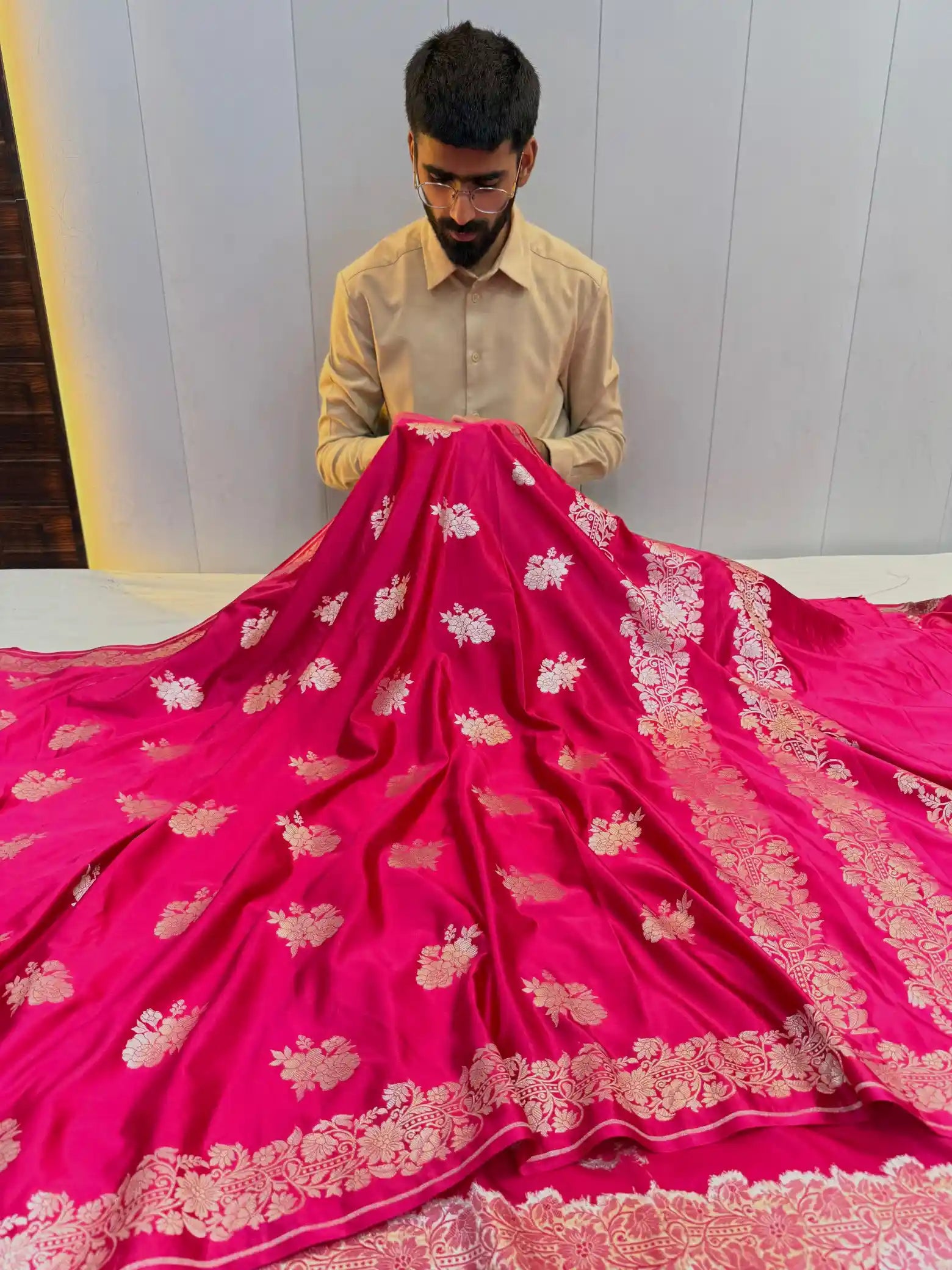 Rani Pink Contemporary Weave Mashru Silk Saree