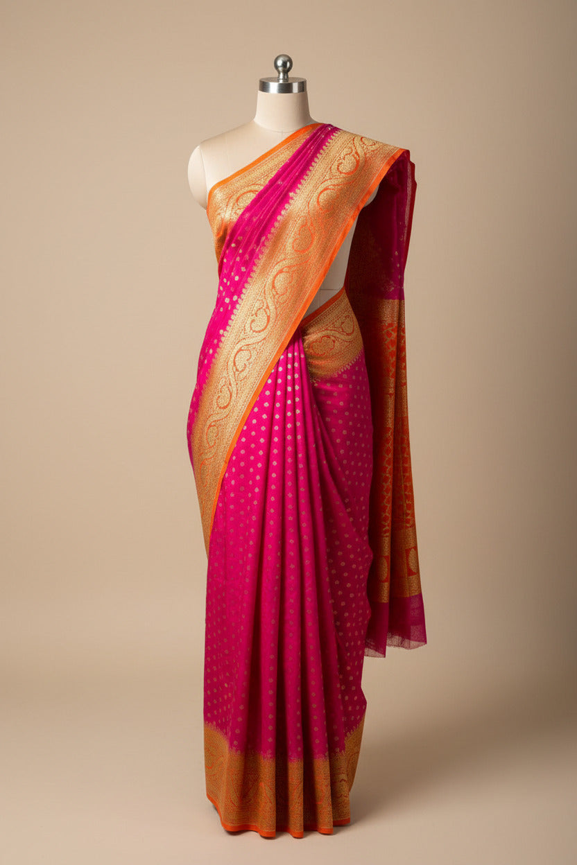 Rani Pink Contrast Pure Crepe Georgette Silk Heritage Antique Zari Weave Banarasi Sare