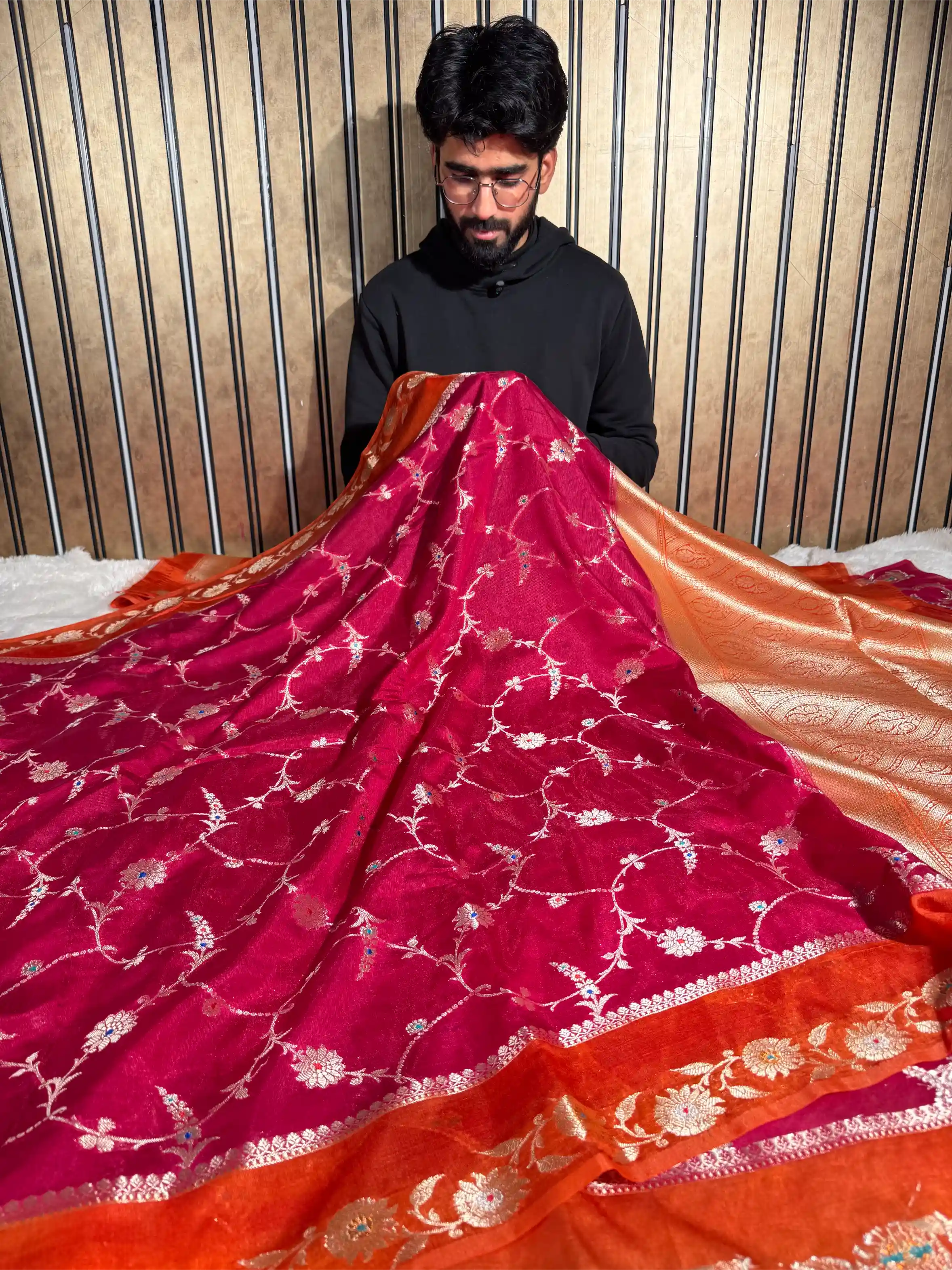 Rani Pink Eccentric Chinia Silk Meenakari Banarasi saree