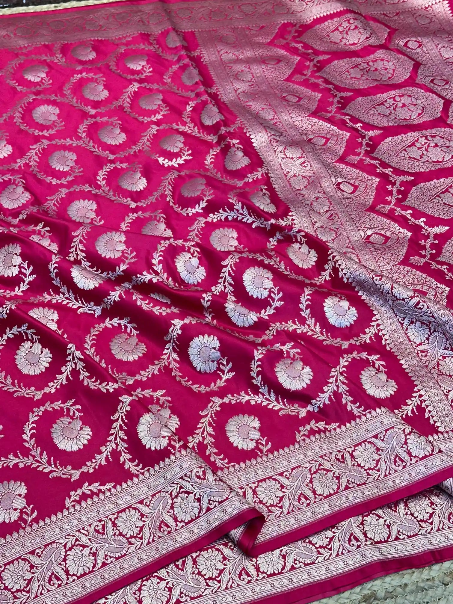 Rani Pink Floral Jaal Weave Mashru Katan Silk Saree