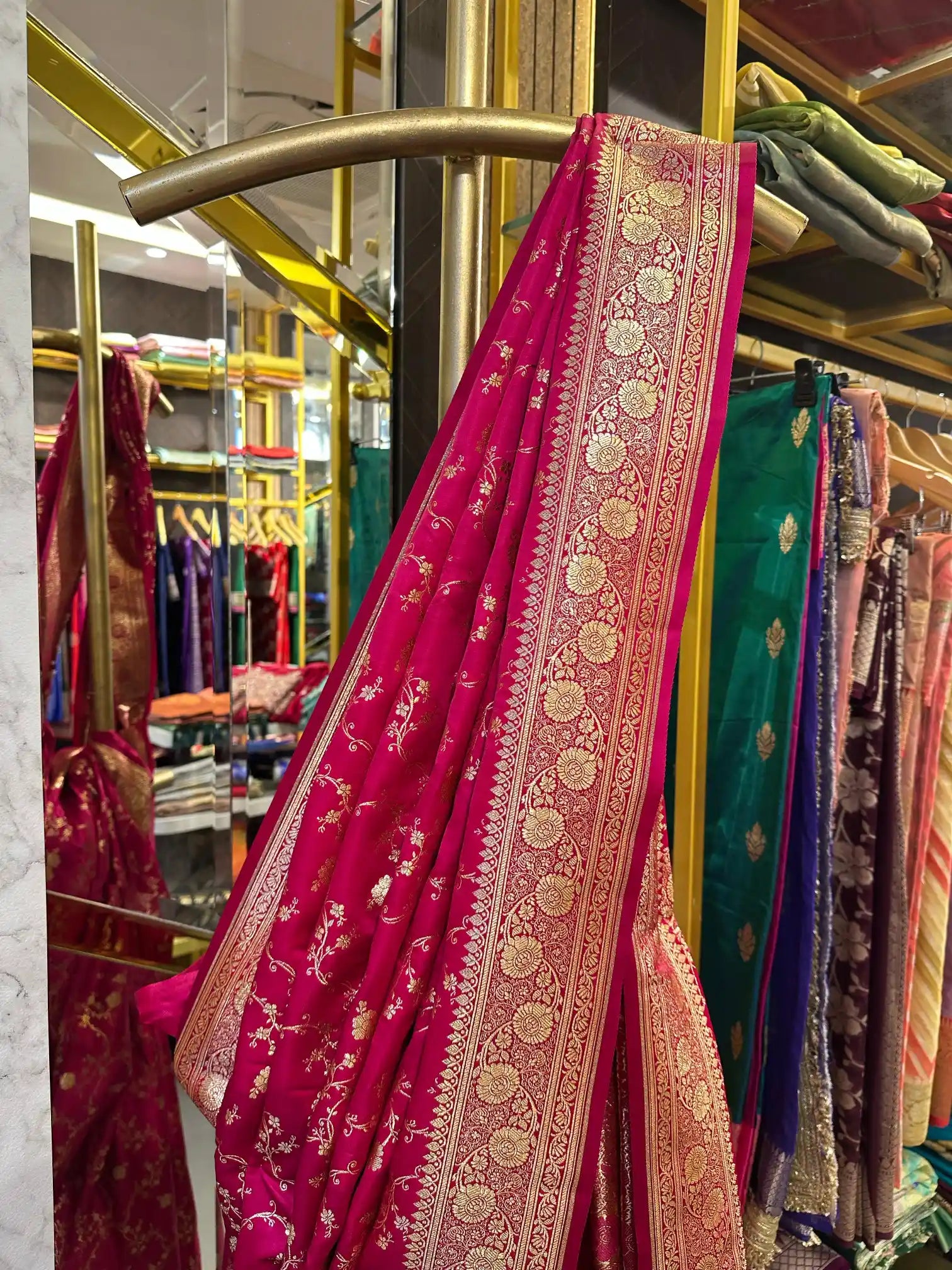 Rani Pink Satin Katan Silk Intricate Floral Weave Banarasi Saree