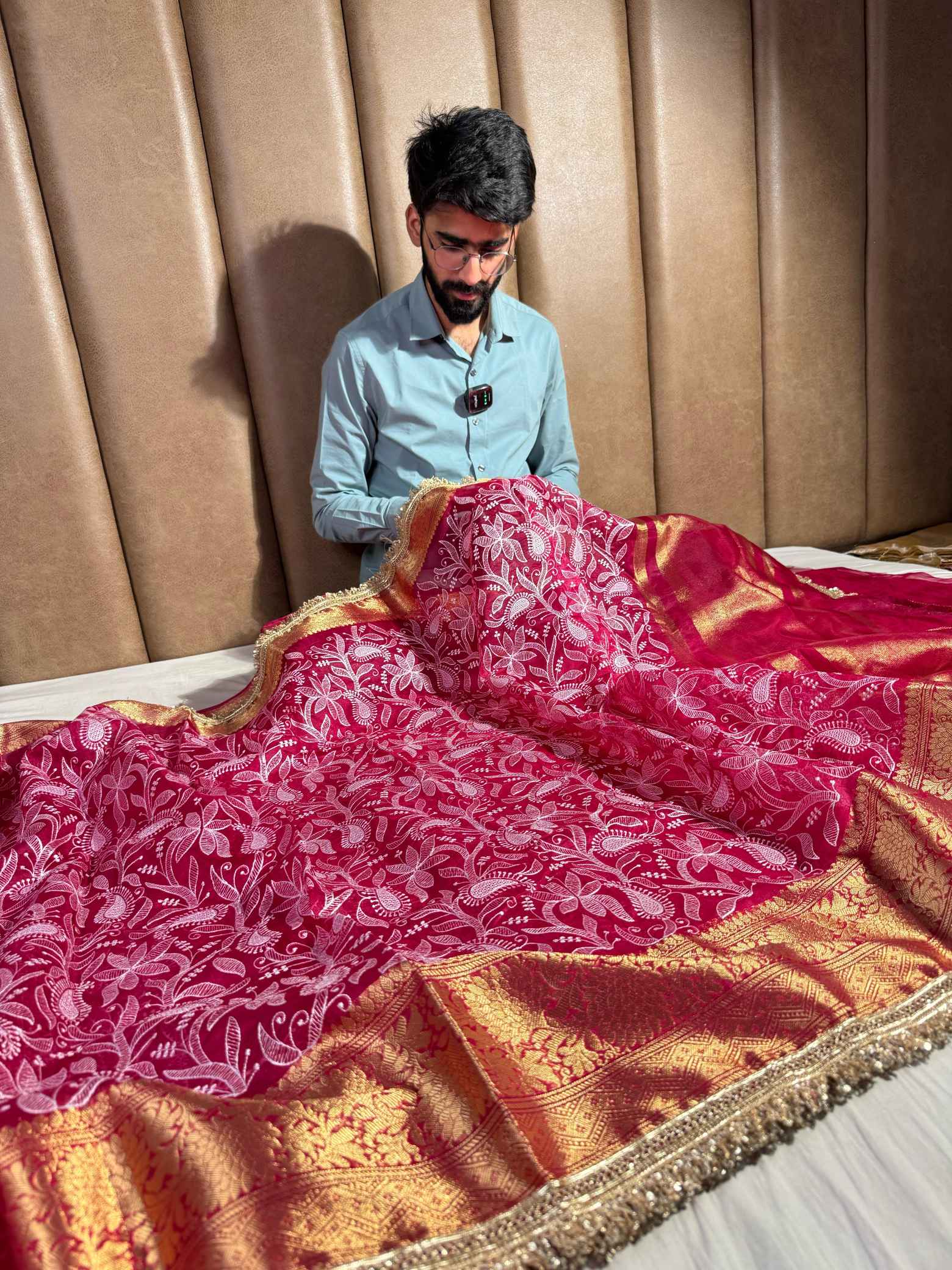 Rani Pink Kora Organza Chikankari Embroidery Work Banarasi Saree