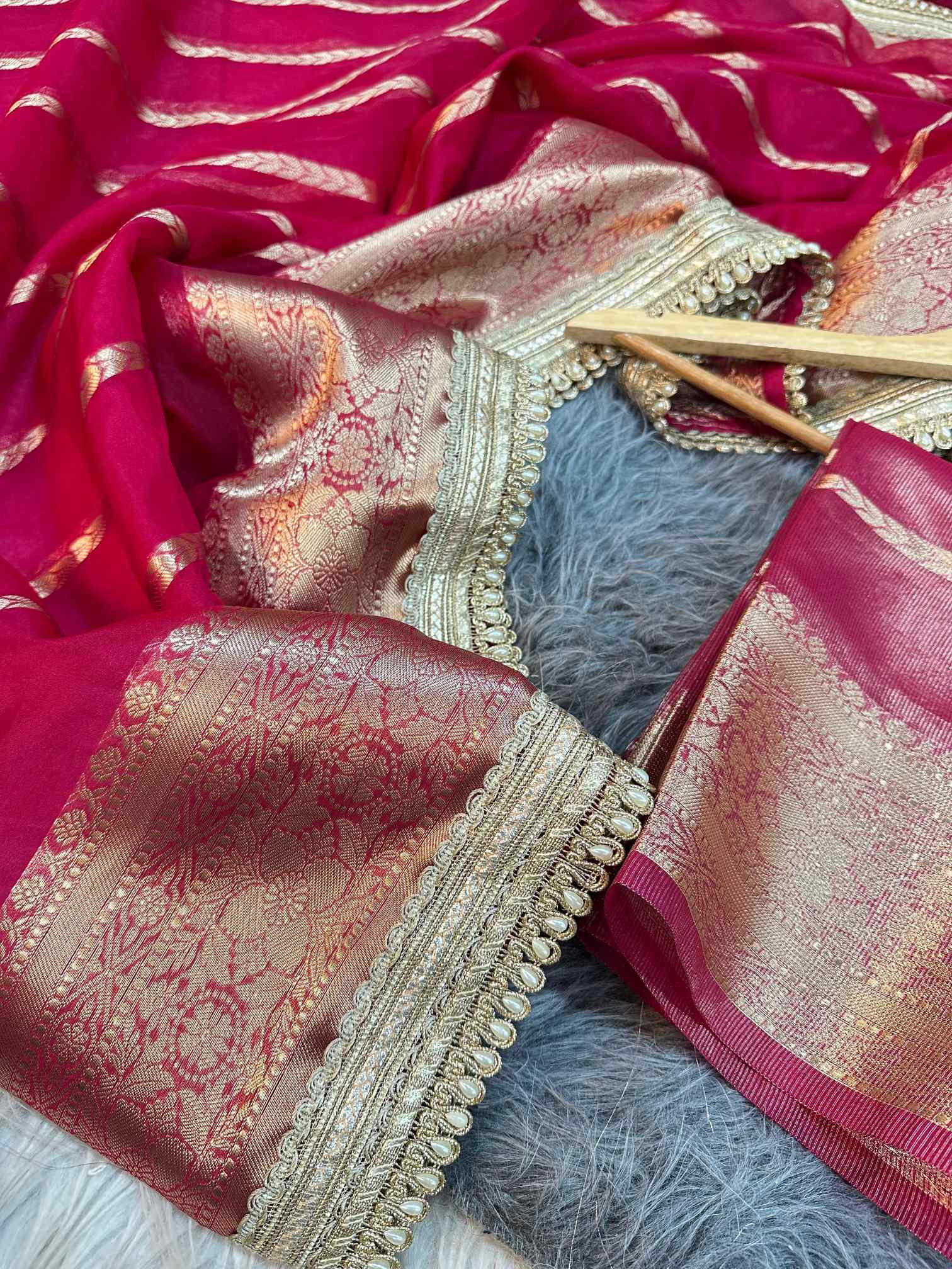 Rani Pink Kora Organza Silk Designer Lace Work Banarasi Saree