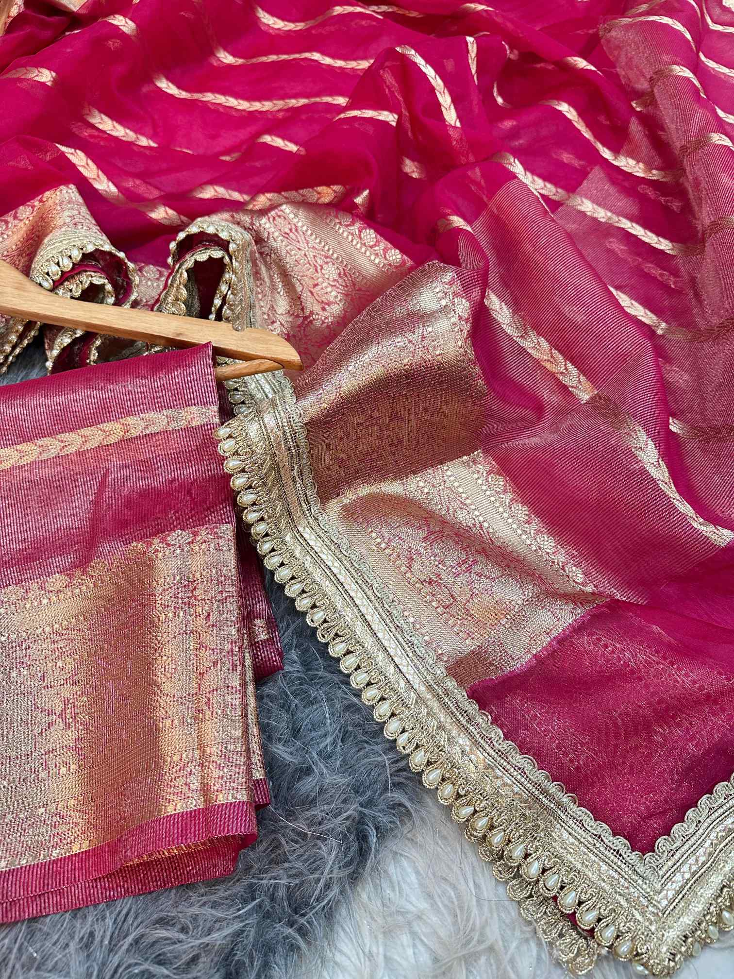 Rani Pink Kora Organza Silk Designer Lace Work Banarasi Saree