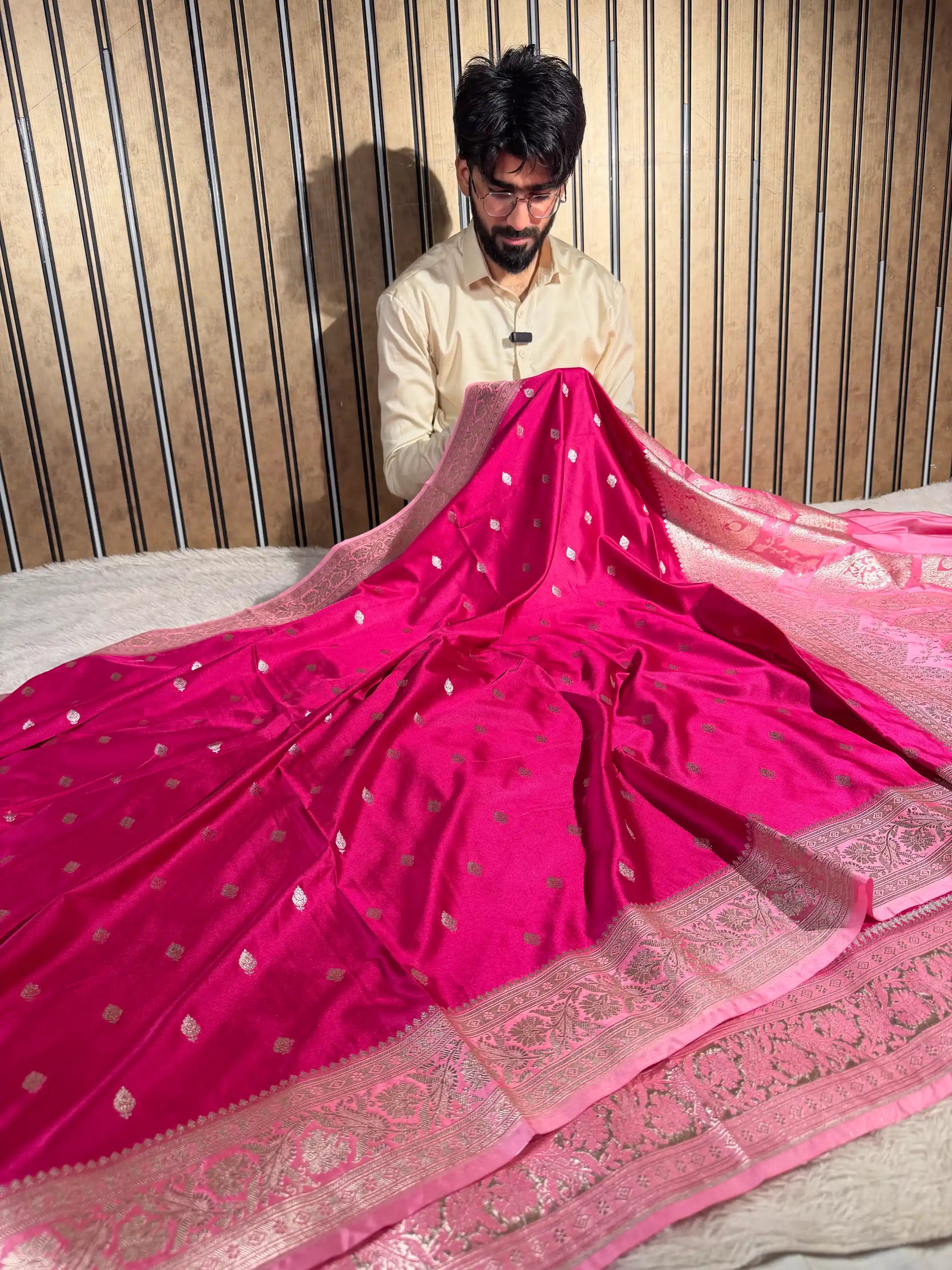 Rani Pink Mashru Katan Silk Heritage Zari Buti Weave Banarasi Saree