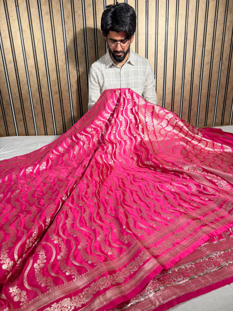 Rani Pink Mashru Katan Silk Leheriya Weave Banarasi Saree