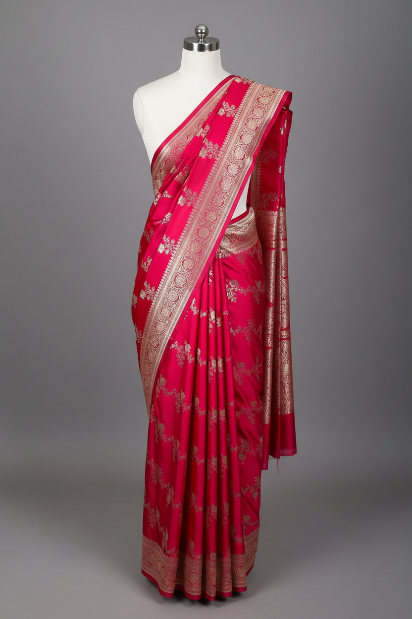 Rani Pink Mashru Katan Silk Leheriya Weave Banarasi Saree