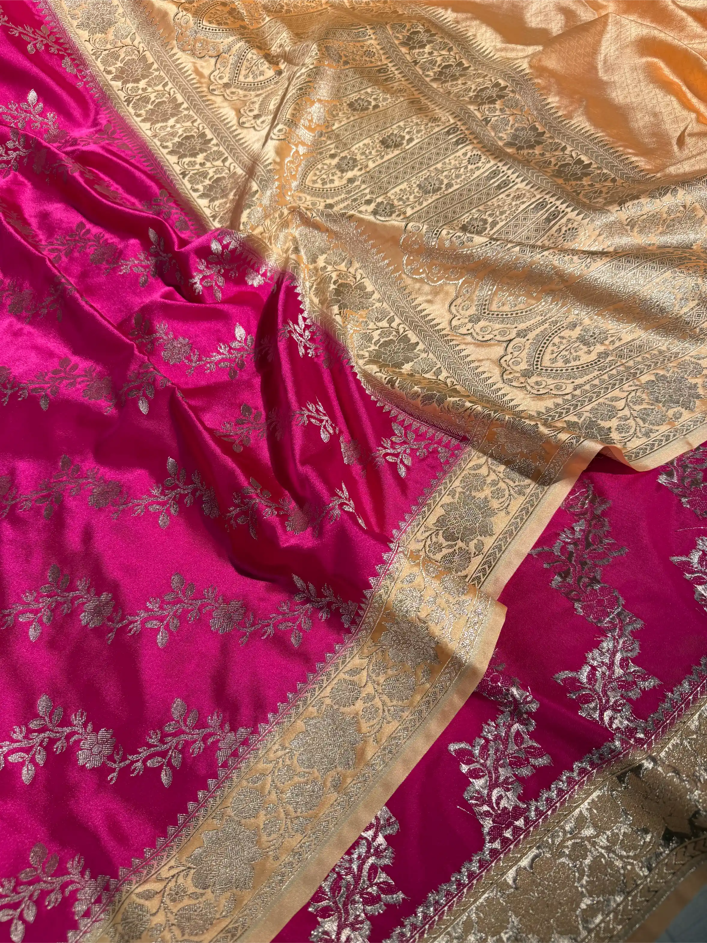 Rani Pink Mashru Katan Silk Leheriya Weave Banarasi Saree