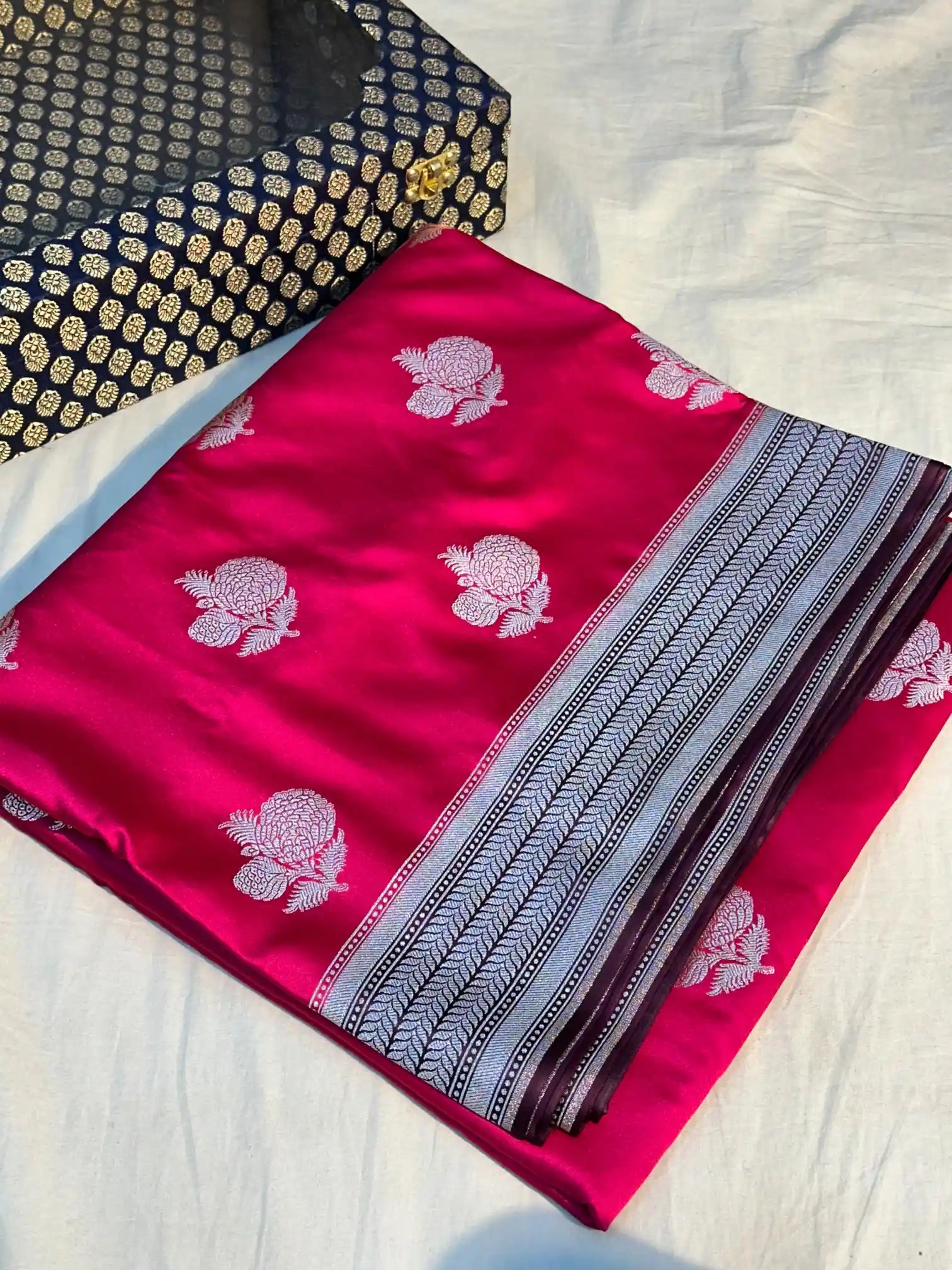 Rani Pink Mashru Silk Banarasi Saree with Silver Buta