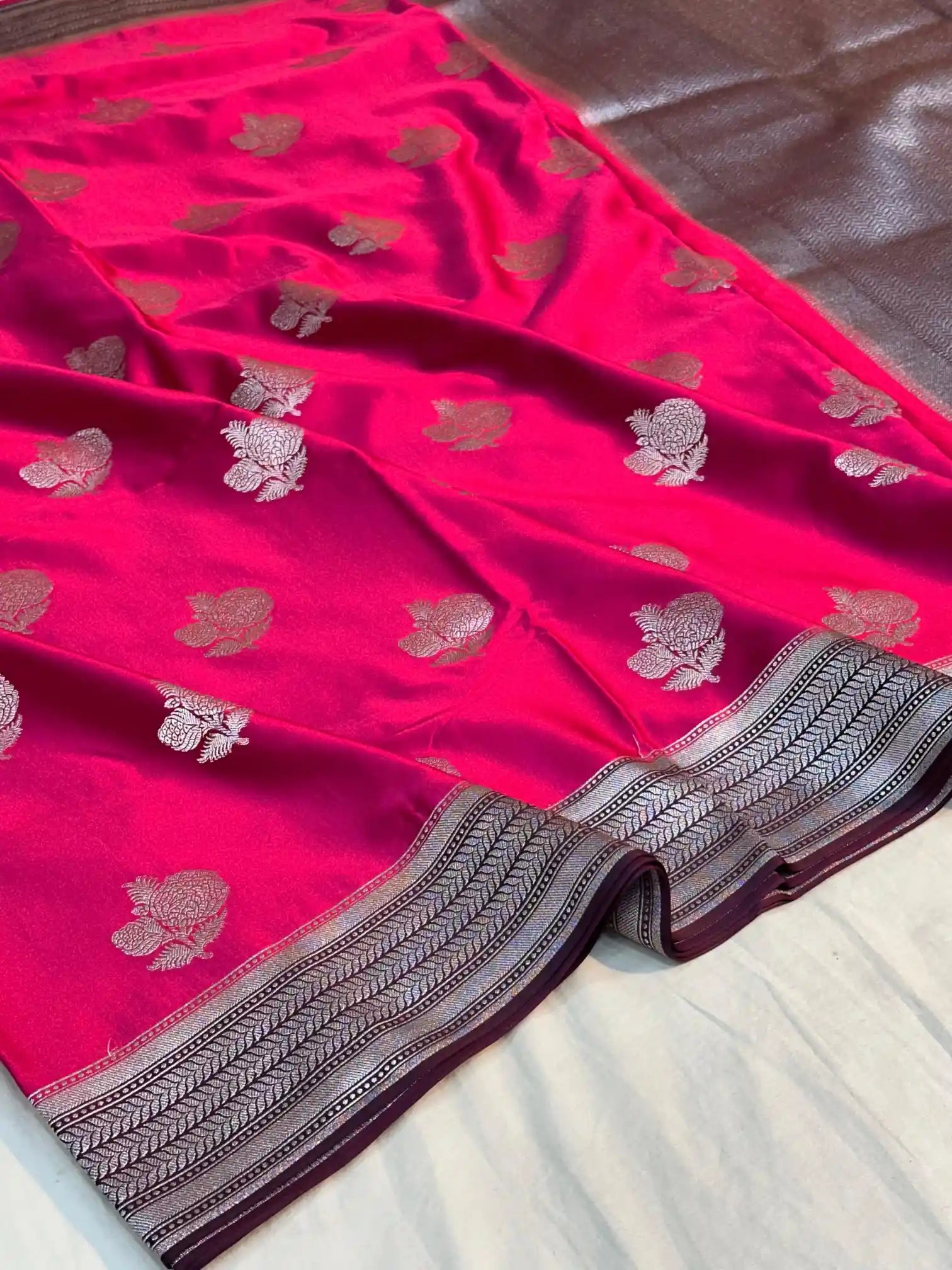 Rani Pink Mashru Silk Banarasi Saree with Silver Buta