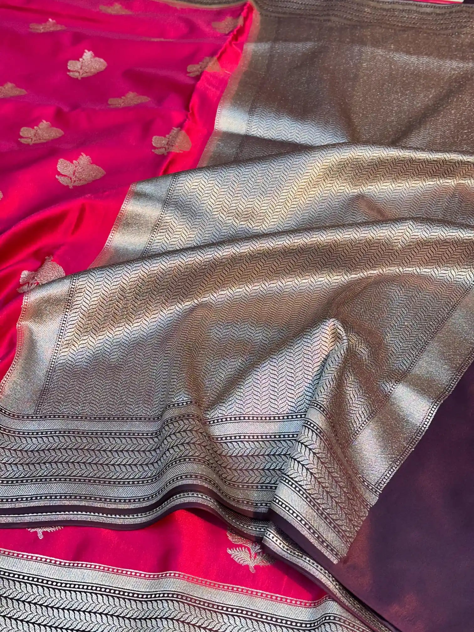 Rani Pink Mashru Silk Banarasi Saree with Silver Buta