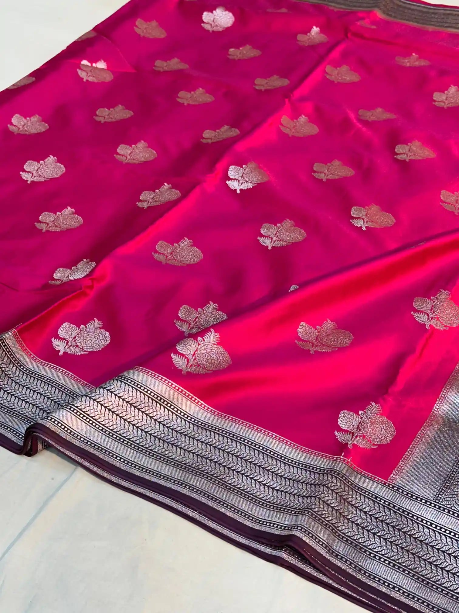 Rani Pink Mashru Silk Banarasi Saree with Silver Buta