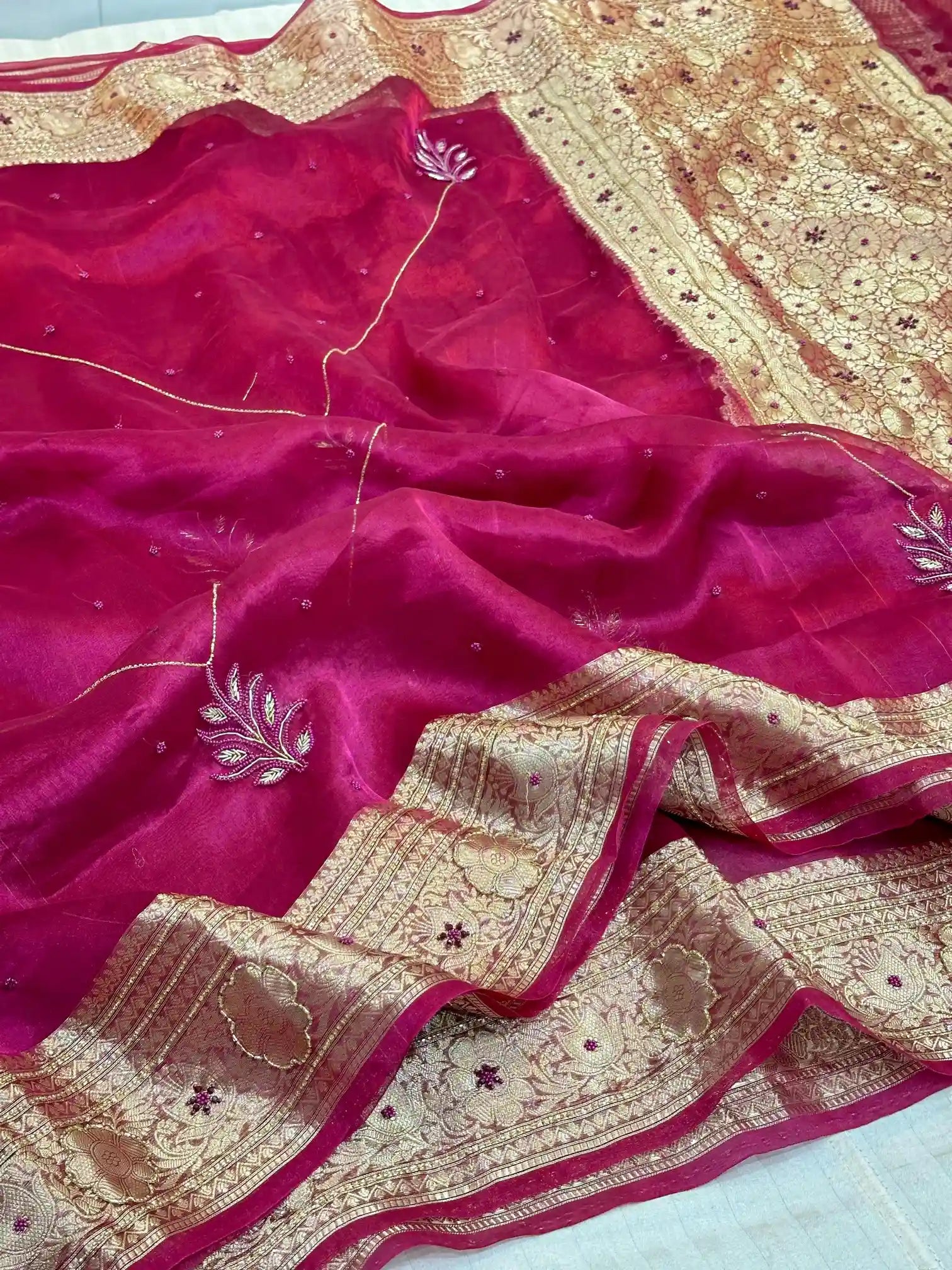 Rani Pink Premium Handwork Pure Tissue Silk Banarasi Saree