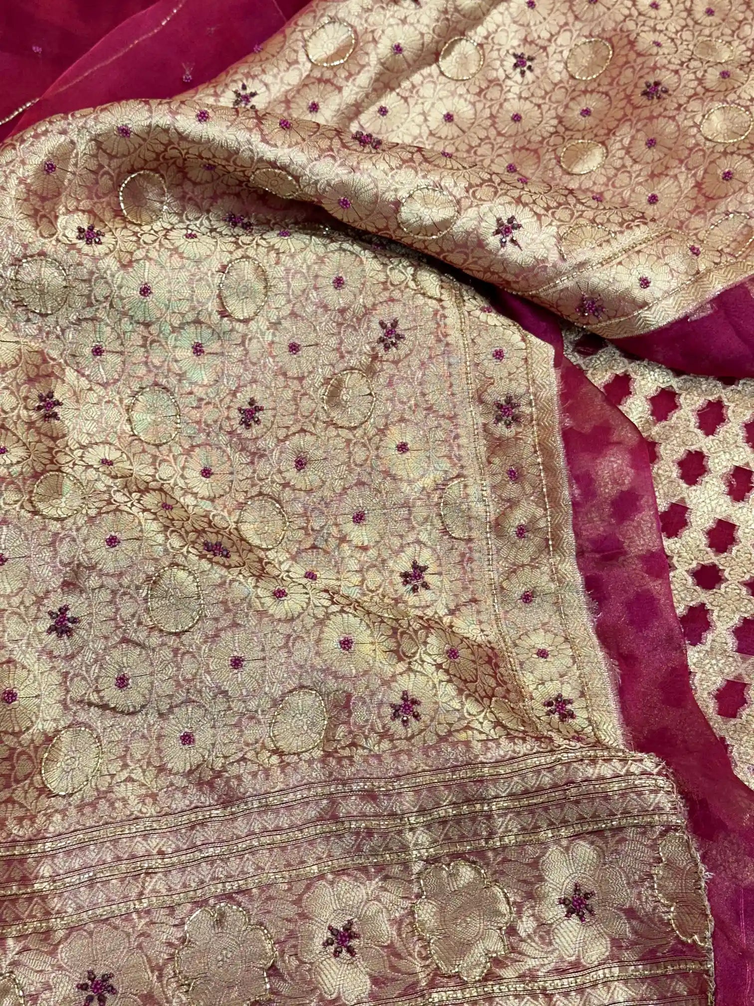 Rani Pink Premium Handwork Pure Tissue Silk Banarasi Saree