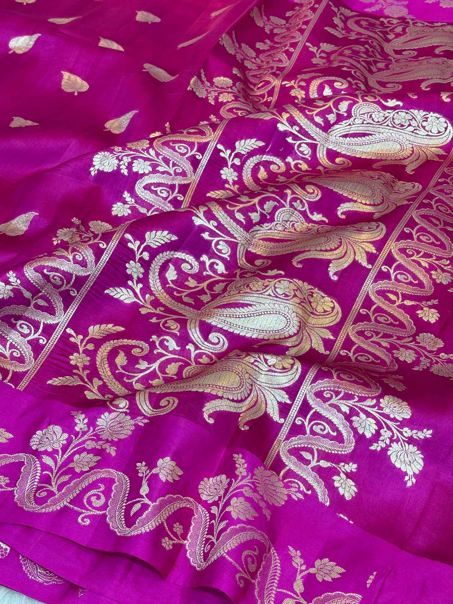 Rani Pink Pure Caramel Silk Zari Butas Banarasi Saree