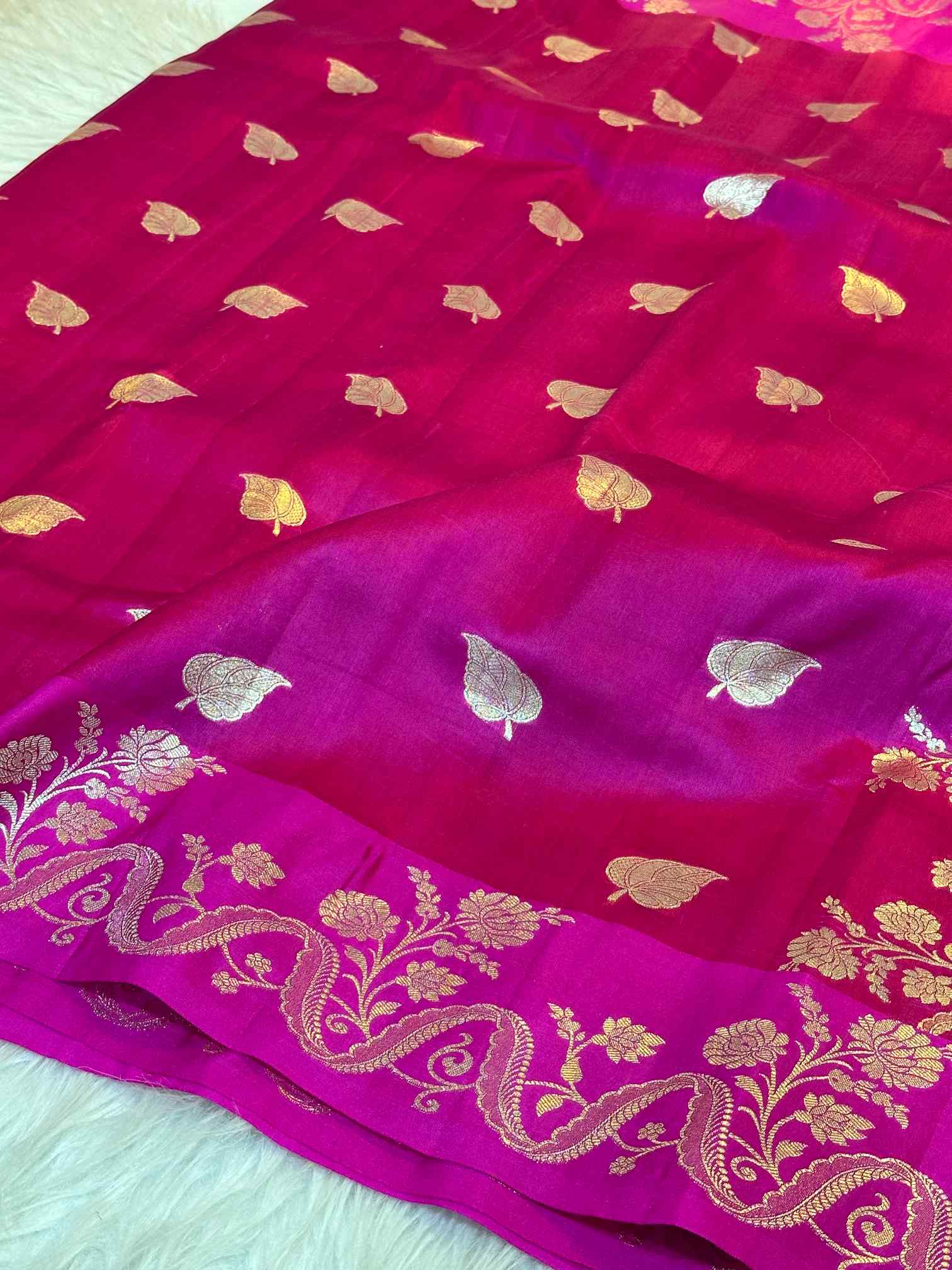 Rani Pink Pure Caramel Silk Zari Butas Banarasi Saree