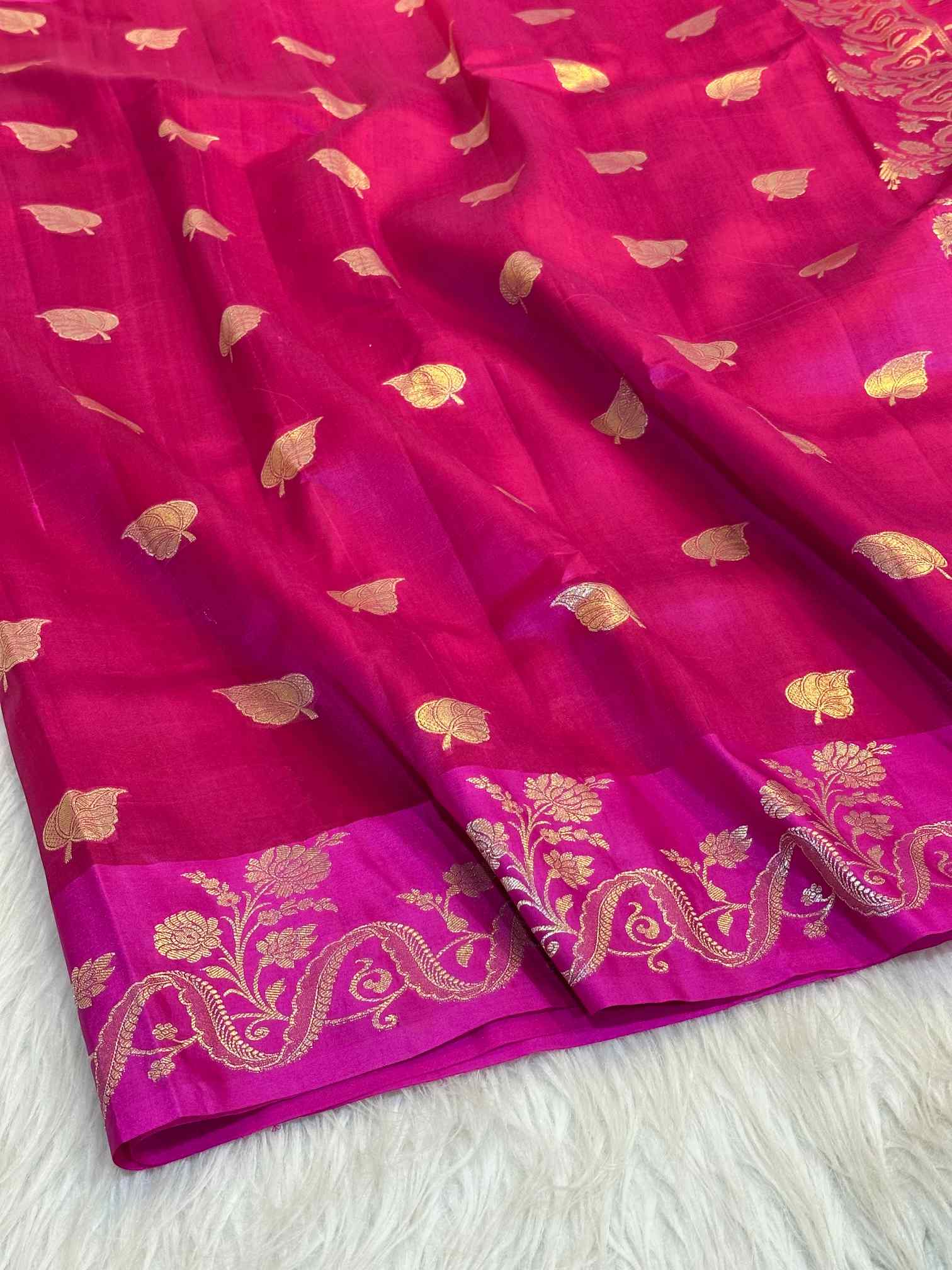 Rani Pink Pure Caramel Silk Zari Butas Banarasi Saree