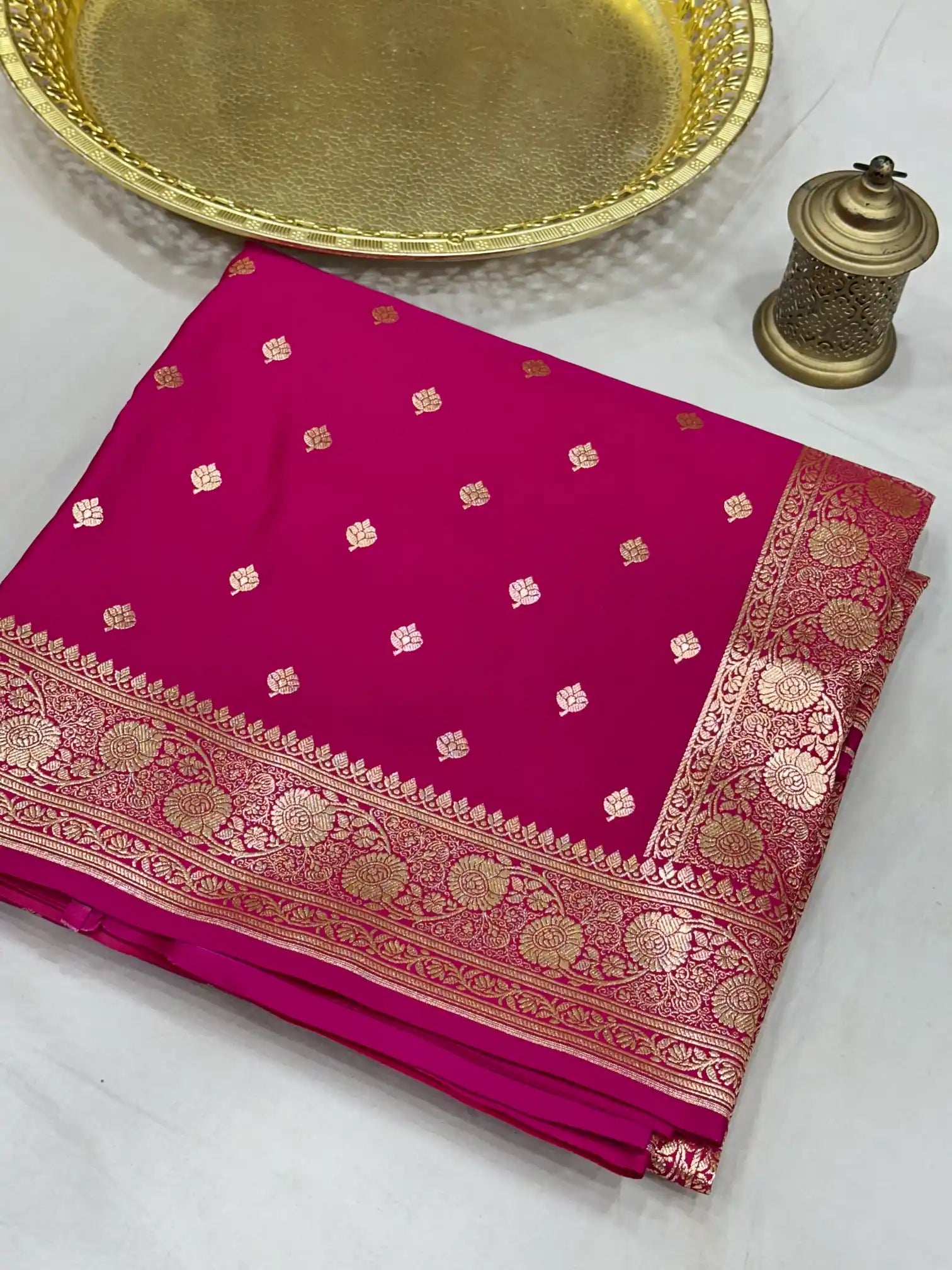 Rani Pink Satin Silk Saree with Buta Dots Design and Classical Pallu