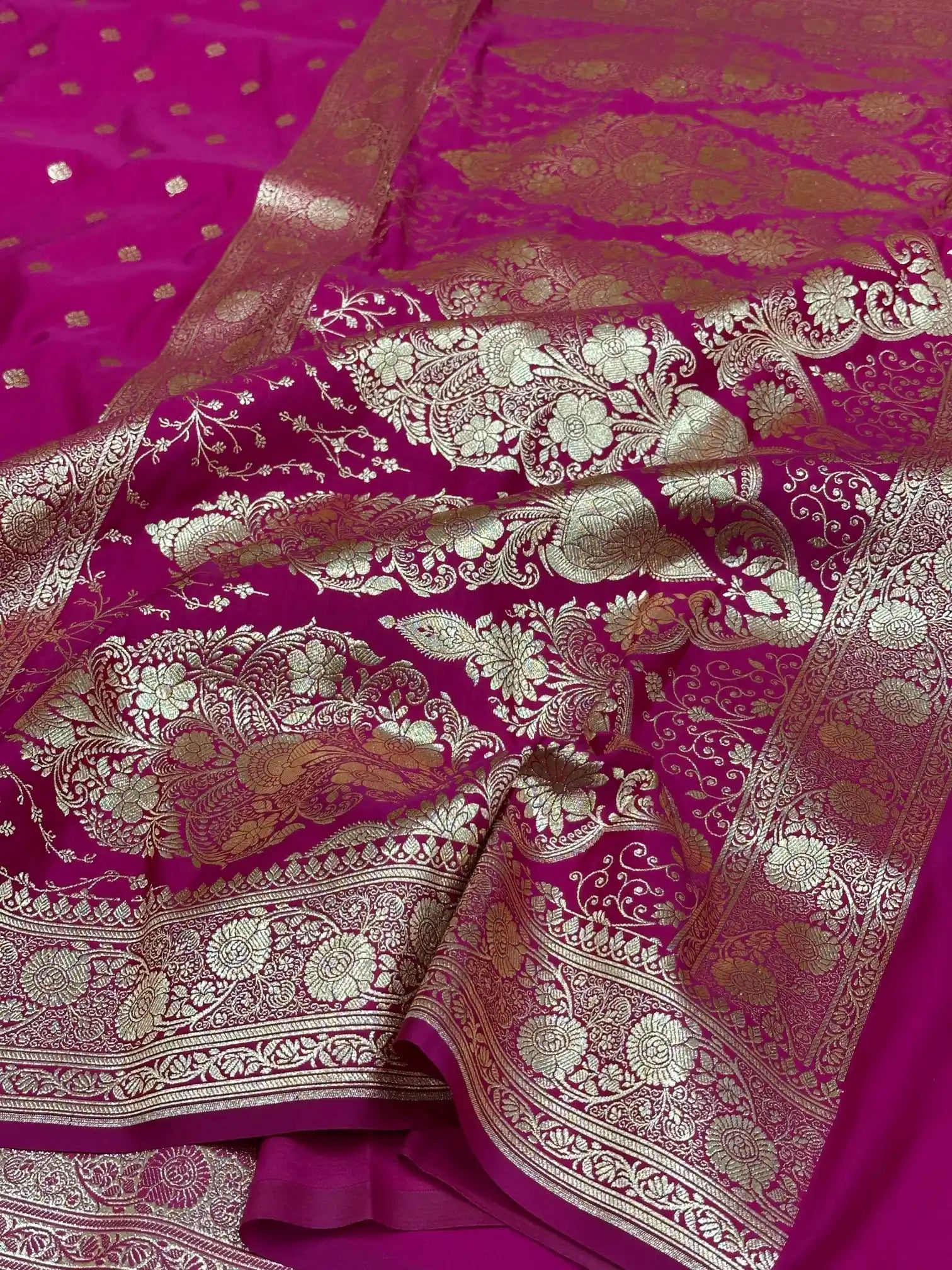 Rani Pink Satin Silk Saree with Buta Dots Design and Classical Pallu
