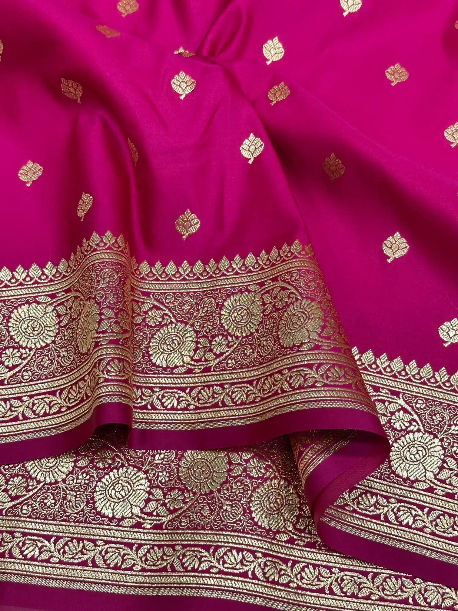 Rani Pink Satin Silk Saree with Buta Dots Design and Classical Pallu