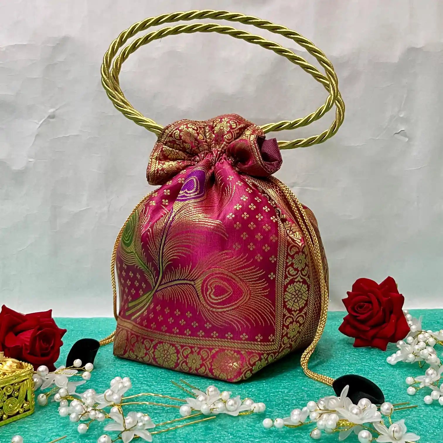 Rani Pink Shade Banarasi Potli Bags
