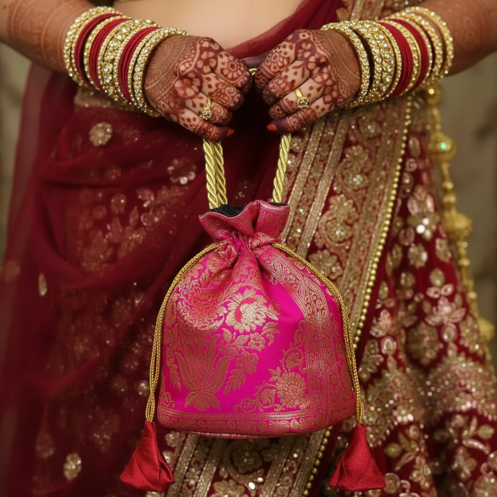 Rani Pink Shade Banarasi Potli Bags
