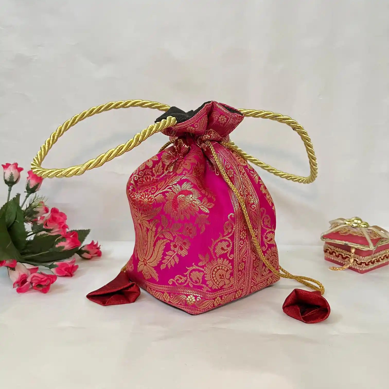 Rani Pink Shade Banarasi Potli Bags