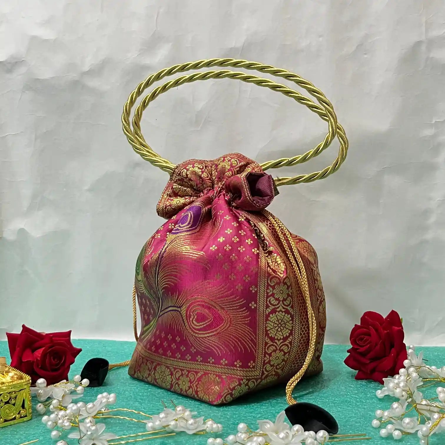 Rani Pink Shade Banarasi Potli Bags